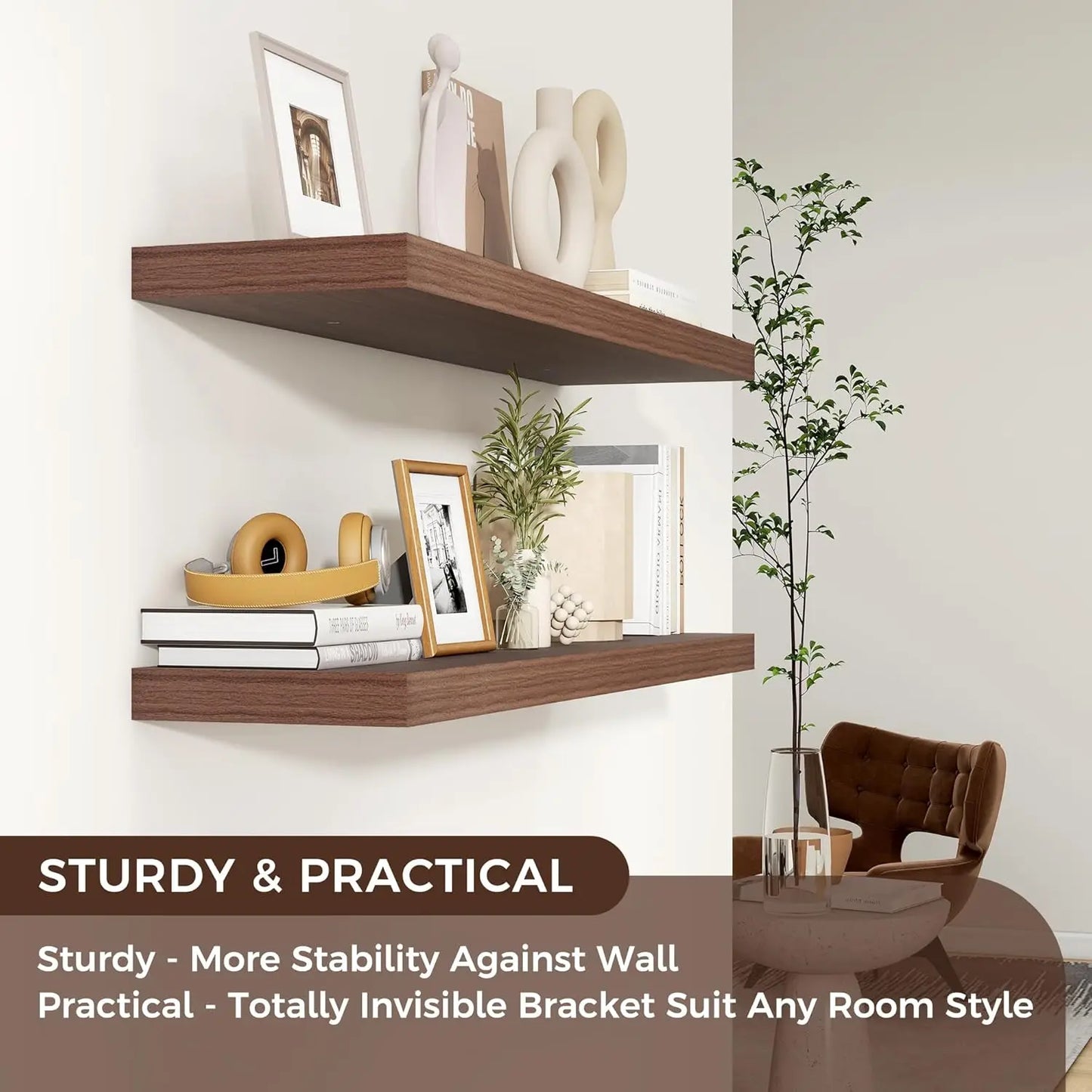 Wood Floating Shelves: Large, Wall-Mounted, Invisible Brackets