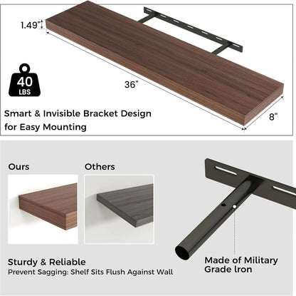 Wood Floating Shelves: Large, Wall-Mounted, Invisible Brackets