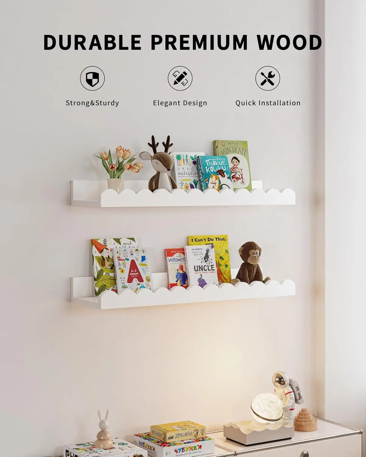 White Floating Nursery Shelves: 4-Pack Scalloped Kids Wall Set