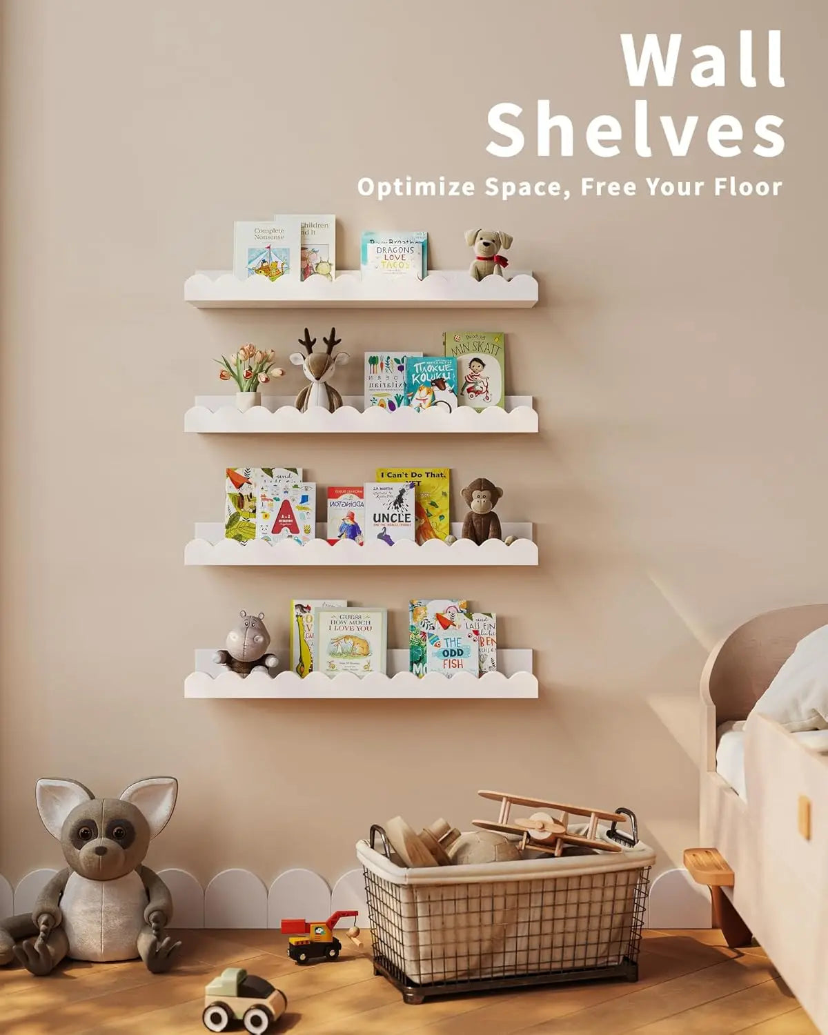 White Floating Nursery Shelves: 4-Pack Scalloped Kids Wall Set